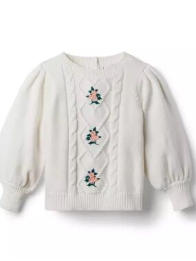 Janie and Jack Ivory Cable-Knit Sweater with Pink Floral Embroidery